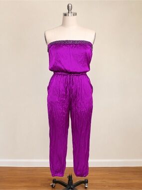 Bebe Purple Strapless Satin Jumpsuit Beaded Tube Jogger Size 00 Glam Party